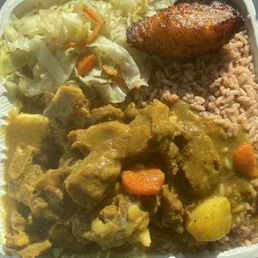 Curry goat, rice and peas, cabbage, Fried Plantain Curry goat, rice and peas, cabbage, Fried Plantain