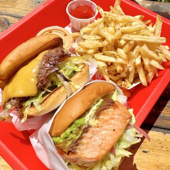Dang Burger - Salmon Burger special of the day & a Dang Burger with a side of small fries - Burgers Near Me - Carpinteria, California