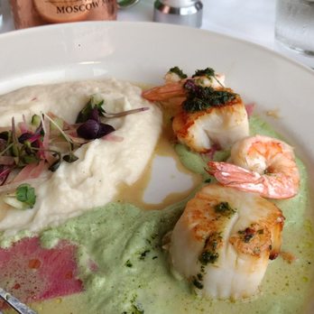 Chart House - My shrimp and scallops on cucumber cream sauce and cauliflower mash. - Seafood Near Me - Portland, Oregon Chart House - My shrimp and scallops on cucumber cream sauce and cauliflower mash. - Seafood Near Me - Portland, Oregon