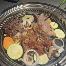 Spicy Beef Bulgogi, Beef Short Ribs, New York Steak, & assorted veggies.