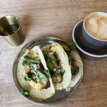 Doshi House - [Just] egg & potato tacos and chai latte. - Coffee & Tea Near Me - Houston, Texas