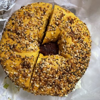 Smith Street Bagels - B7 which is with turkey bacon, chorizo, cream cheese, cheddar cheese and egg. - Bagels Near Me - Brooklyn, New York Smith Street Bagels - B7 which is with turkey bacon, chorizo, cream cheese, cheddar cheese and egg. - Bagels Near Me - Brooklyn, New York