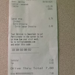 Chicken wrap with small charge for extra Caesar dressing. Chicken wrap with small charge for extra Caesar dressing.