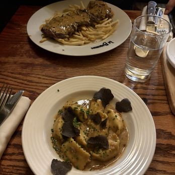 Le Bouchon - Manion Style Steak Frites (Top) Sunchoke Agnolotti (bottom) - French Near Me - Chicago, Illinois