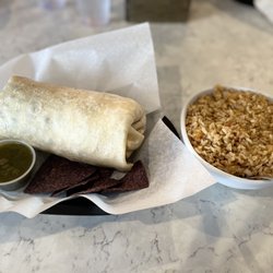 Verde Mexican Rotisserie - Chicken classic burrito with a side of rice.