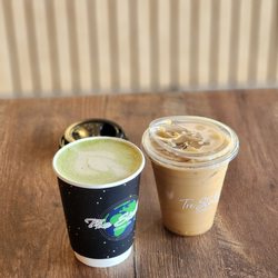 Tre Stelle Coffee - Blueberry muffin latte tastes just like it! and Wild rose matcha latte w/ oatmilk tastes like fruity pebbles and matcha ! So good!