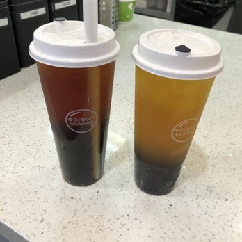 Mr Green Bubble - Lychee black tea + "more" boba and mango green tea with "regular" amount of boba - Bubble Tea Near Me - West Menlo Park, California
