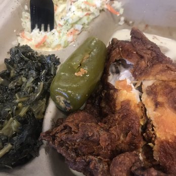 Gus's World Famous Fried Chicken - 2 piece white with greens and slaw / jalapeño pepper - Chicken Shop Near Me - Birmingham, Alabama