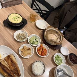 Chicken Soup, Steamed Egg, Grilled Mackerel, and Banchan