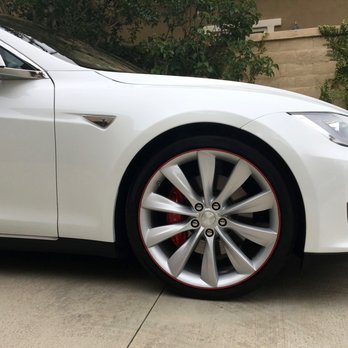 Calibred Customs - Red "Wheel Bands" on my Tesla S installed by Johnny. - Car Stereo Installation Near Me