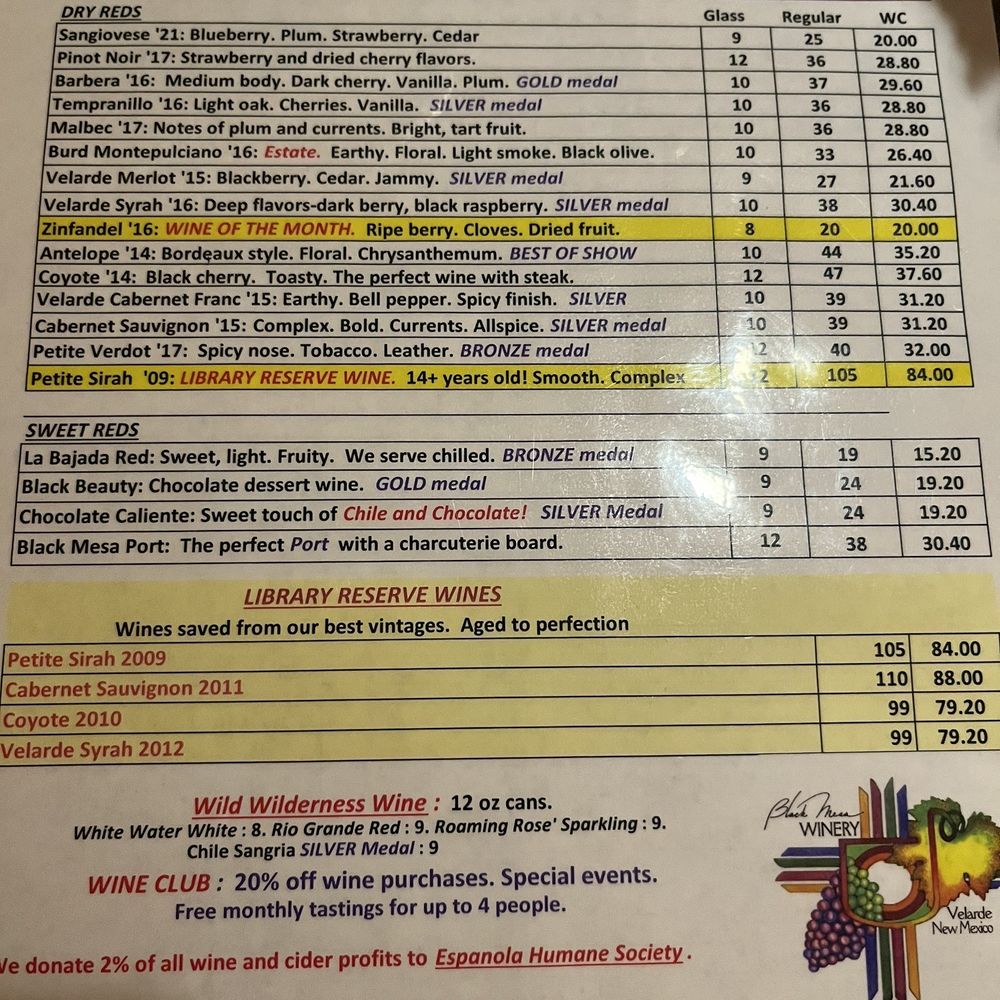 Black Mesa Winery - Menu - Wineries Near Me - Velarde, New Mexico