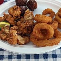 Fried oysters, onion rings and hush puppies.....all delicious