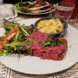 Chez les Filles - Beef tartare and scalloped potatoes.