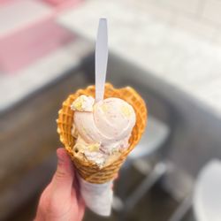 Gelati Celesti - Strawberry shortcake + cookie dough in a waffle cone.