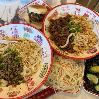 Li's Knife Cut Noodle - Chinese Burger, Dan Dan Noodles, Tomato Egg & Spicy Pork Noodles, Shredded Potato Salad, Cucumber with Black Fungus - Noodles Near Me - San Mateo, California Li's Knife Cut Noodle - Chinese Burger, Dan Dan Noodles, Tomato Egg & Spicy Pork Noodles, Shredded Potato Salad, Cucumber with Black Fungus - Noodles Near Me - San Mateo, California
