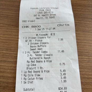 Popeyes Louisiana Kitchen - Receipt for myself and a friend. Costs were about as expected food excellent. - Fast Food Near Me - Hewitt, Texas