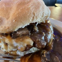 Road House Food & Spirits - Mushroom and Swiss burger with gravy