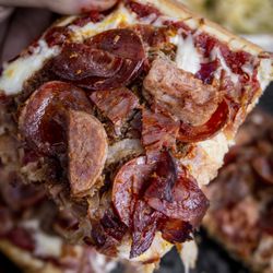 Levetto - Carnivoro Pizza Tomato sauce, mozzarella, pepperoni, Italian sausage, braised beef, bacon, spicy soppressata