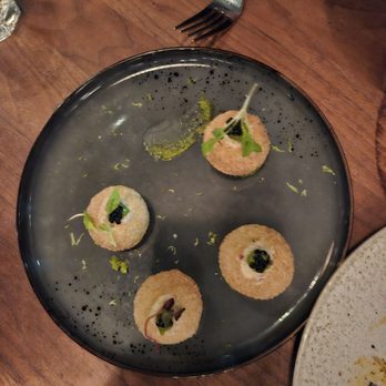 Jellyfish Crudo + Charbon - Pani Puri - Modern European Near Me - Montreal, Quebec Jellyfish Crudo + Charbon - Pani Puri - Modern European Near Me - Montreal, Quebec