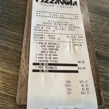 PizzaVola - Receipt - Pizza Near Me - West Melbourne, Florida PizzaVola - Receipt - Pizza Near Me - West Melbourne, Florida