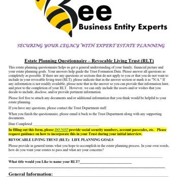 Business Entity Experts - Page 1 of Revocable Living Trust Questionnare - Business Consulting Near Me Business Entity Experts - Page 1 of Revocable Living Trust Questionnare - Business Consulting Near Me