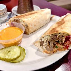 Basha Mediterranean Eatery - Gyro Pita with side of spicy Taziki sauce