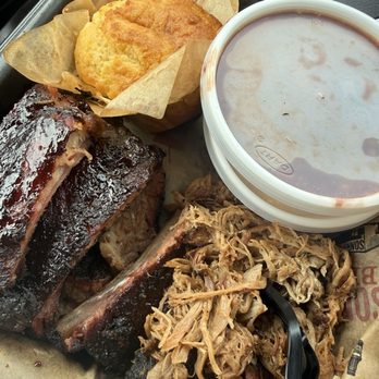 Sonny's BBQ - 3 meat plate, bbq ribs, pulled pork, and brisket with cornbread, baked beans and mac n cheese - Barbeque Near Me - Rock Hill, South Carolina Sonny's BBQ - 3 meat plate, bbq ribs, pulled pork, and brisket with cornbread, baked beans and mac n cheese - Barbeque Near Me - Rock Hill, South Carolina