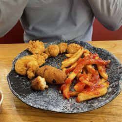 Wharf Casual Seafood Alexander City - Fried shrimp, fries, and hush puppies