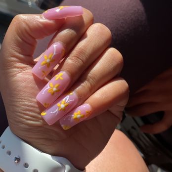 Euphoria Nail & Spa - Med/Long Square full set w pink base & orange, yellow flower design - Nail Salons Near Me - Westbrook, Maine