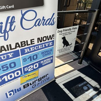 Blu Burger Grille - Gift Card Options and Dog Friendly Patio Signage - Burgers Near Me - Scottsdale, Arizona
