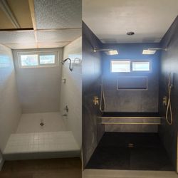 Hailo Flooring - Before and after shower remodel with a 24 x 48 Arizona Tile with brass finishes