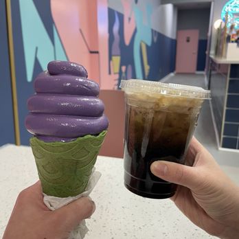 Softspot - Ube soft serve in a matcha cone. Toasted thunder drink - Desserts Near Me - Chantilly, Virginia