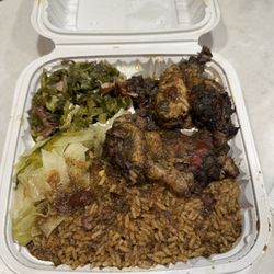 Henry's Caribbean Cuise & Bakery - Jerk chicken, Rice, Cabbage, Collard Greens