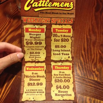 Cattlemens - Weeknight specials: Mon $9.99 burgers, Tues $20 20 oz T-bone steaks, Weds $12.99 8 oz sirloin steaks, Thurs $20 NY steak &shrimp - Seafood Near Me - Dixon, California Cattlemens - Weeknight specials: Mon $9.99 burgers, Tues $20 20 oz T-bone steaks, Weds $12.99 8 oz sirloin steaks, Thurs $20 NY steak &shrimp - Seafood Near Me - Dixon, California