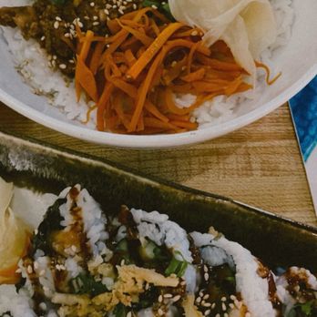 Moms - char siu pork bowl (left) and miso siu pork roll (right) - Japanese Near Me - Hilo, Hawaii