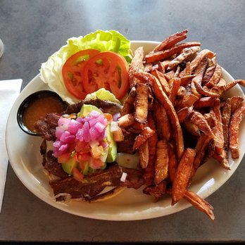 Train Wreck Bar - Derailed Burger with sweet potato fries - Sports Bars Near Me - Burlington, Washington Train Wreck Bar - Derailed Burger with sweet potato fries - Sports Bars Near Me - Burlington, Washington
