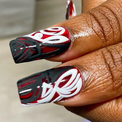 Dracula inspired nails - My client asked for Dracula inspired nails for Halloween. We decided to incorporate textures to represent Draculas cape and suit. The pointer and pinky fingers were intended to represent vampire teeth. Dracula inspired nails - My client asked for Dracula inspired nails for Halloween. We decided to incorporate textures to represent Draculas cape and suit. The pointer and pinky fingers were intended to represent vampire teeth.