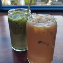 Iced matcha latte and an iced lavender latte. Iced matcha latte and an iced lavender latte.