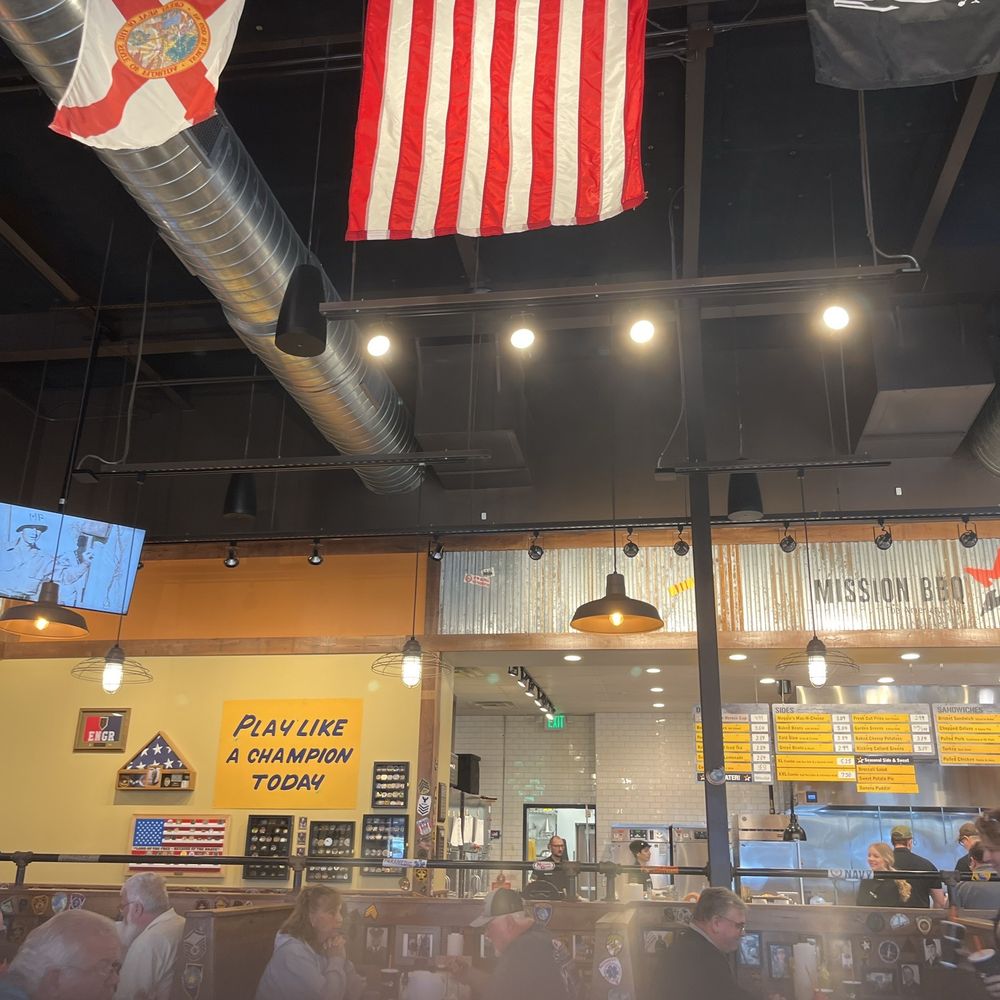 Mission BBQ inside, huge American Flag