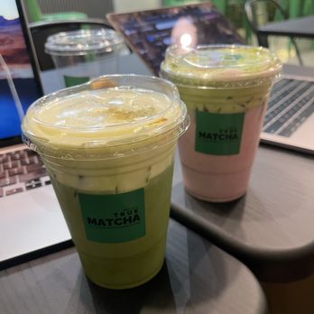 True Matcha - Pistachio Crème Matcha (front) and Strawberry Latte with Matach Crème - Coffee & Tea Near Me - Las Vegas, Nevada True Matcha - Pistachio Crème Matcha (front) and Strawberry Latte with Matach Crème - Coffee & Tea Near Me - Las Vegas, Nevada