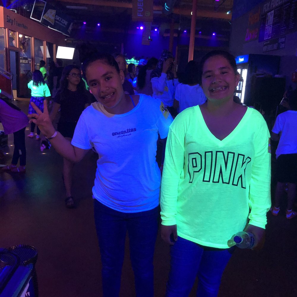 Sky Zone Trampoline Park - Glow party they turn on the black light and some fog and it's pretty cool also some laser lights mixture of lights ! - Trampoline Parks Near Me - San Marcos, California Sky Zone Trampoline Park - Glow party they turn on the black light and some fog and it's pretty cool also some laser lights mixture of lights ! - Trampoline Parks Near Me - San Marcos, California