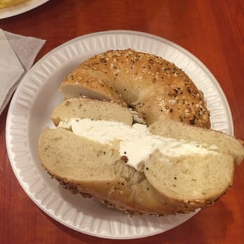 Goldberg's NY Bagels - Everything bagel (pretty sure the everything's here do not contain caraway seeds) with low fat cream cheese - Bagels Near Me - Silver Spring, Maryland