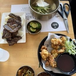Galbi, popcorn chicken, and cold buckwheat noodle soup Galbi, popcorn chicken, and cold buckwheat noodle soup