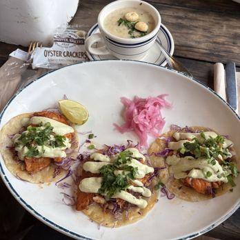 Fish - Fish tacos and an order of white chowder (cup) - Seafood Near Me - Sausalito, California