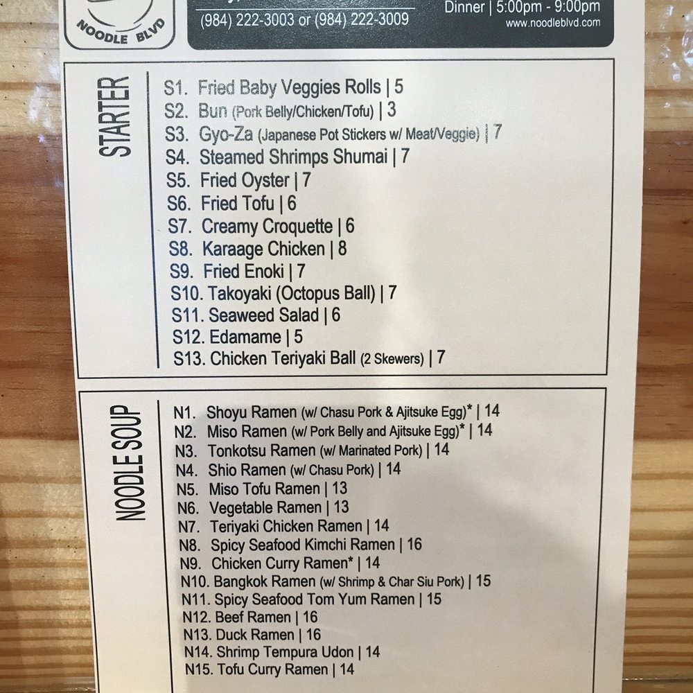 Noodle Boulevard - Menu 15 ramen choices!! - Ramen Near Me - Cary, North Carolina