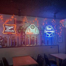 Neon signs and trophies. Neon signs and trophies.
