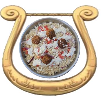The Greek Taco - Deep Fried Falafel served atop Greek Rice, with Roma tomato, red onion, tzatziki sauce and 
feta cheese - Greek Near Me - Onalaska, Texas