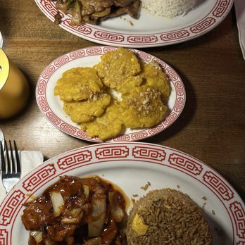 Zhencha - Scallion Ginger Beef with jasmine rice Imperial Ginger Beef with Fried rice w eggs  Tostones with garlic - Asian Fusion Near Me - San Juan, Puerto Rico