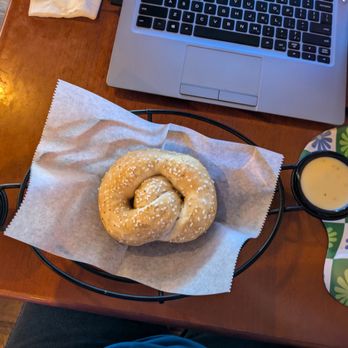 Harpoon Brewery - Pretzel and laptop at Harpoon Brewery Taproom and Beer Garden, Windsor - Breweries Near Me - Windsor, Vermont