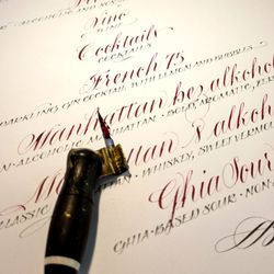 Cora Taylor, Calligraphy Studio - This is the final draft of a wine list for a Czech wedding. Lettered in gouache in copperplate script calligraphy for display-not printing.